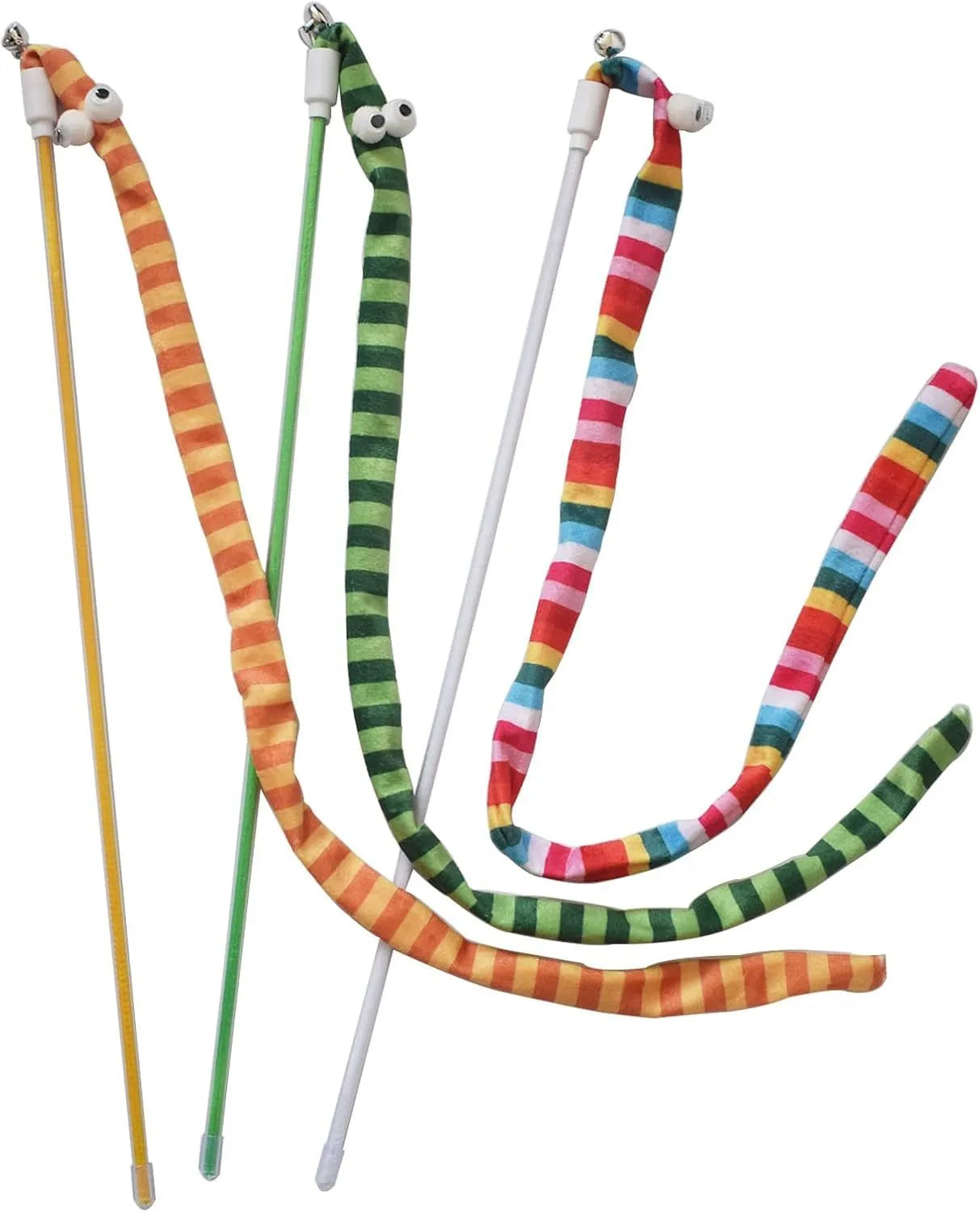 Cat wand toy with polycarbonate pole and long plush strip in green, orange, or rainbow colours