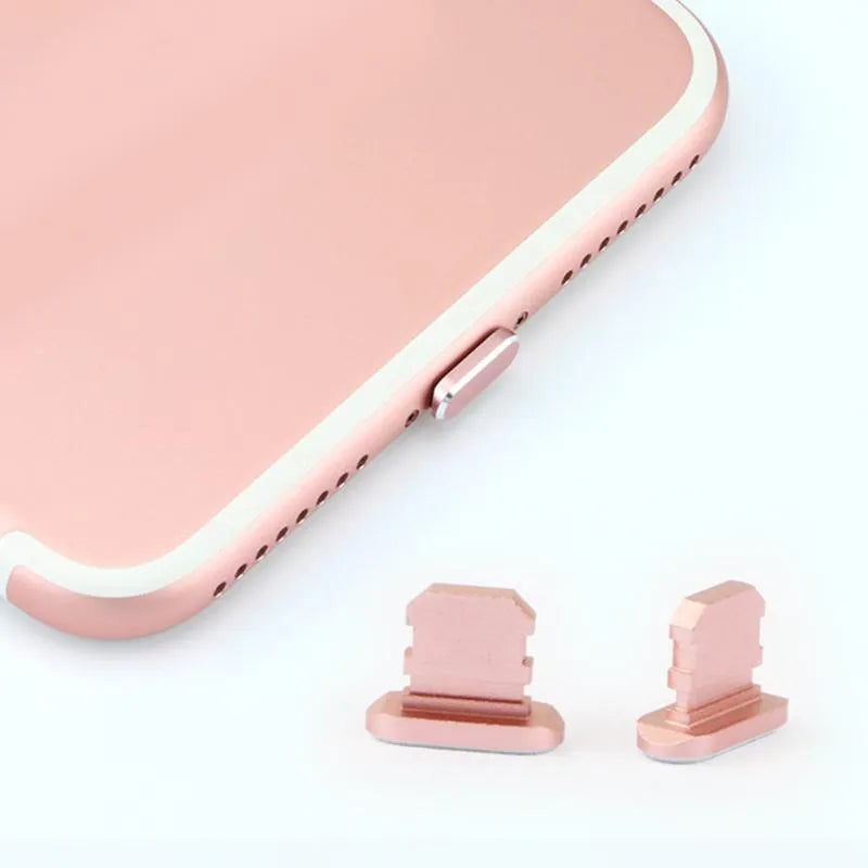 Aluminium alloy mobile phone charging port dust plug for iPhone, shown in multiple colours.