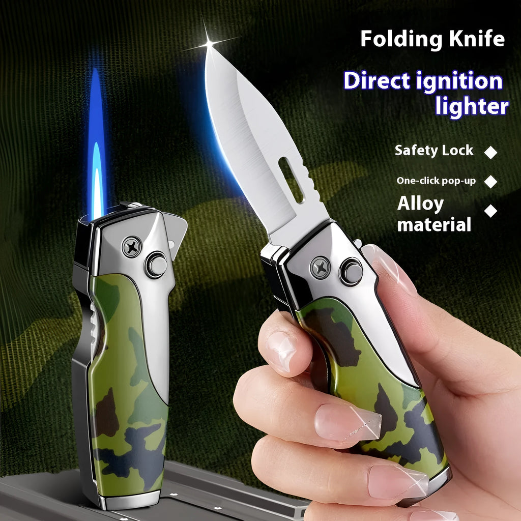 Metal folding lighter showing folded position and unfolded straight jet flame