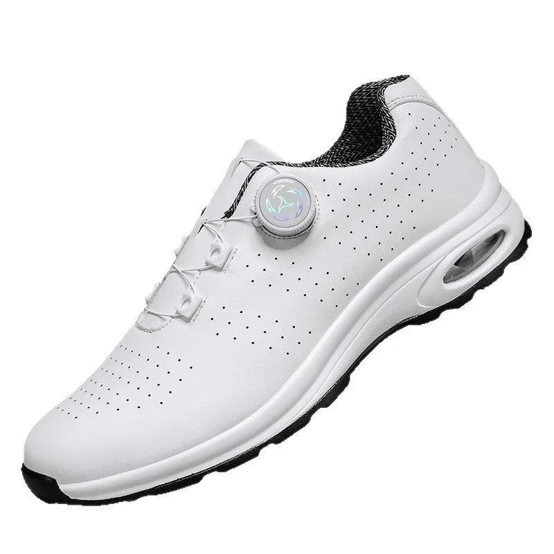 Men's black and white low-top mesh casual tennis shoes with lace-up front and cross straps.