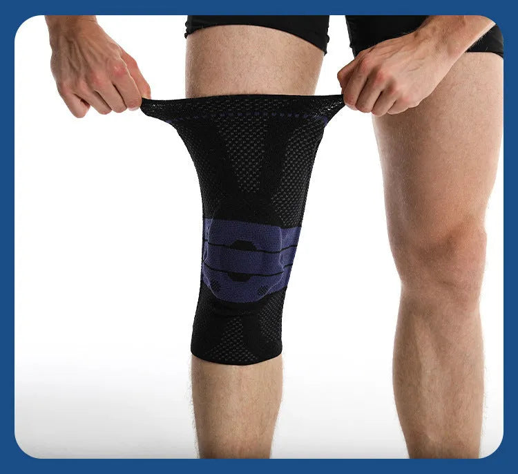 Adult sports knee pads in black and blue, made from nylon and spandex for basketball and running.