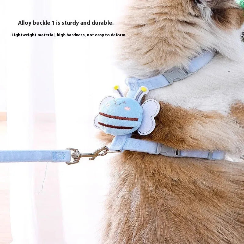 Adjustable cat harness and leash set with teddy bear and bee shapes in blue colour