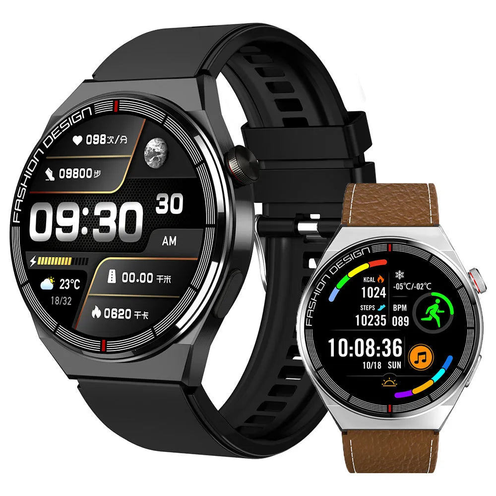 Black smartwatch with 1.28-inch screen on a silicone strap, showing health metrics display.