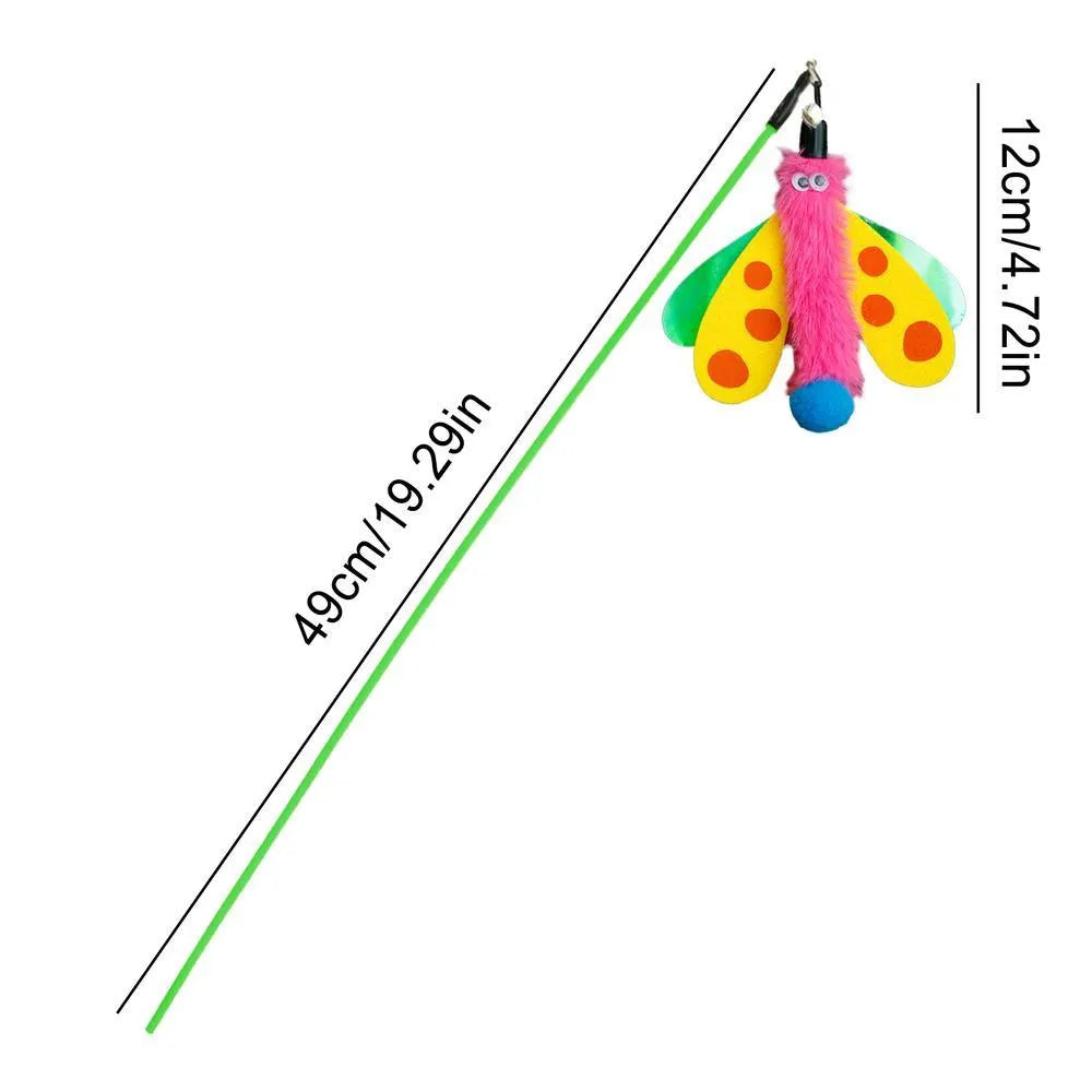 Blue, yellow, and pink cat wand toy with dragonfly bell teaser on a 49cm stick.