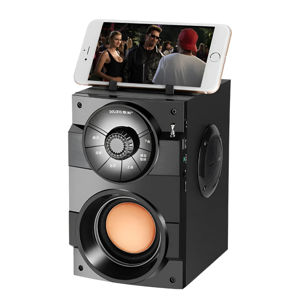 Portable mini home audio system with subwoofer, main unit, satellite boxes, and 1.2-metre connection cable