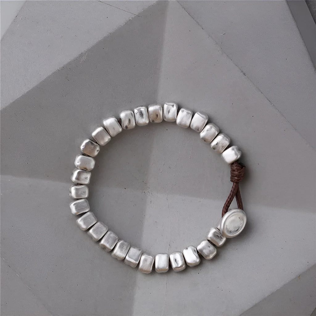 Handmade wooden bracelet with irregular silver square charm on elastic band