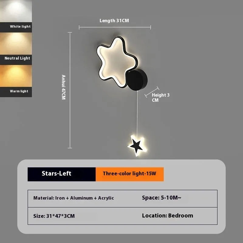 White left-facing cloud children's bedside wall lamp with a three-colour LED light on a bedroom wall.