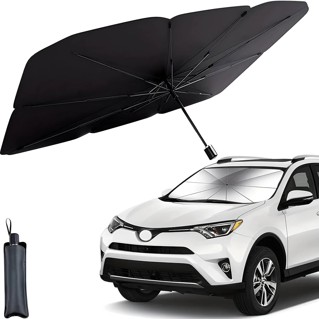 Foldable car windshield sunshade umbrella shown in open position against vehicle windshield
