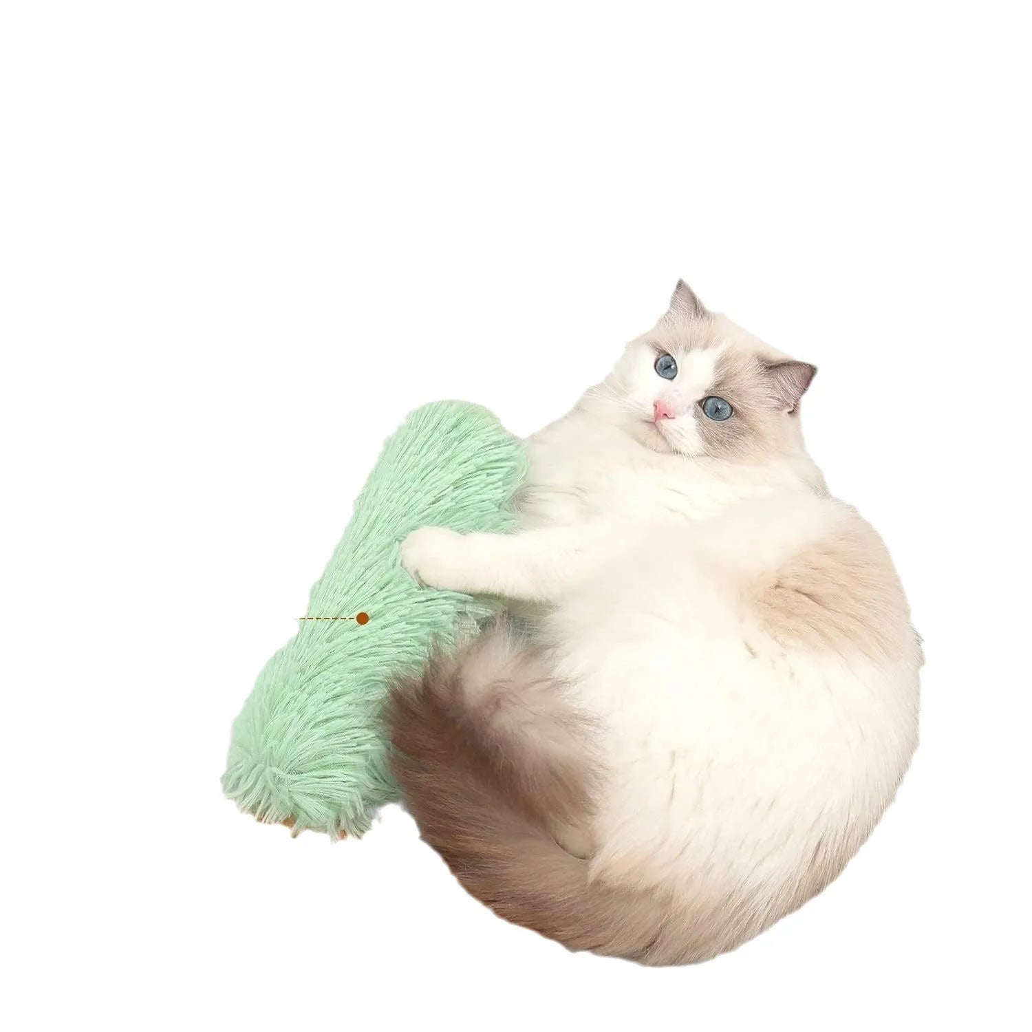 Soft blue plush cat toy pillow measuring 27 by 10 centimetres.