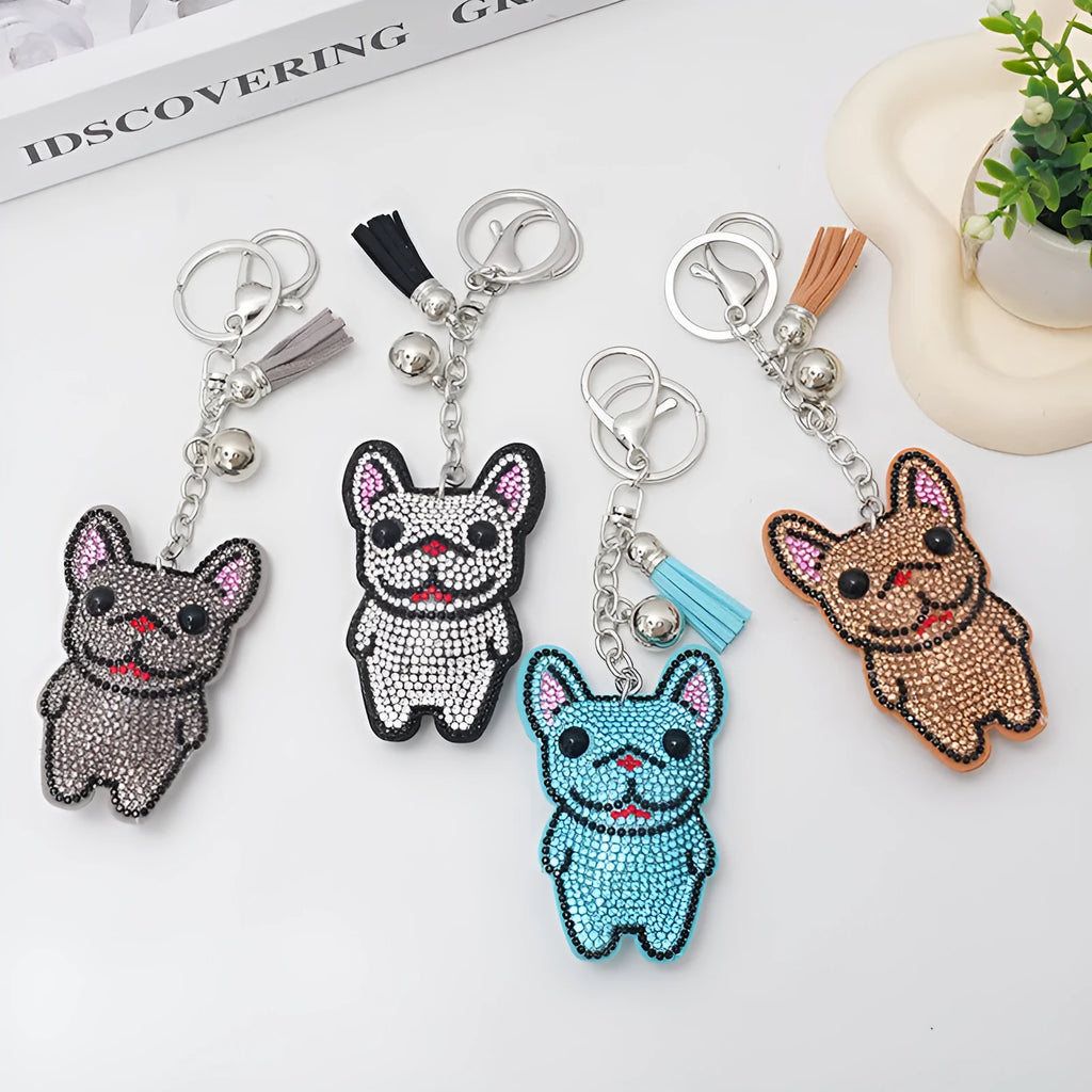 Cartoon French bulldog rhinestone keychain pendant in alloy with electroplated finish