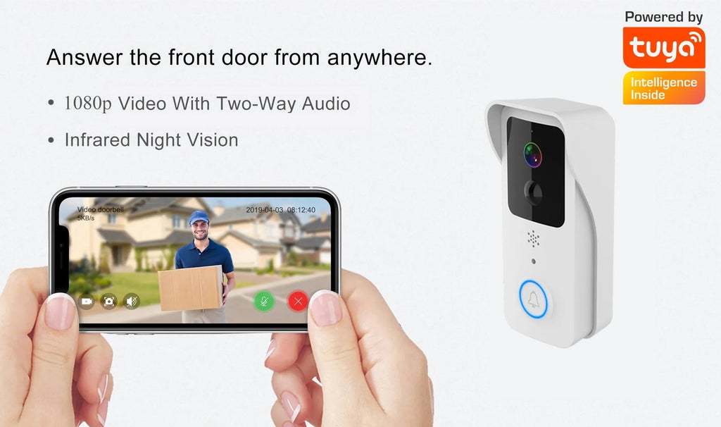 Smart home waterproof visual doorbell with camera and 18650 battery, shown in black and white doodle board designs.