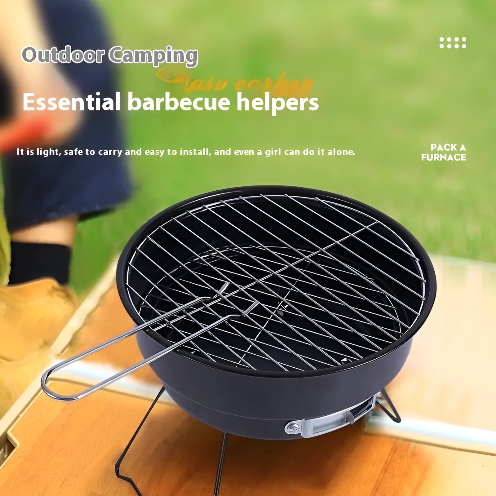 Compact metal folding round ice stove grill with legs, mesh, and carry bag for outdoor cooking.