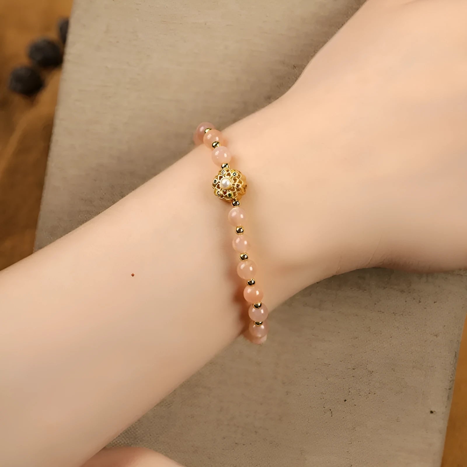 Hand-woven crystal bracelet with grey Moonstone, pink Sunstone and peach strawberry quartz 6mm beads