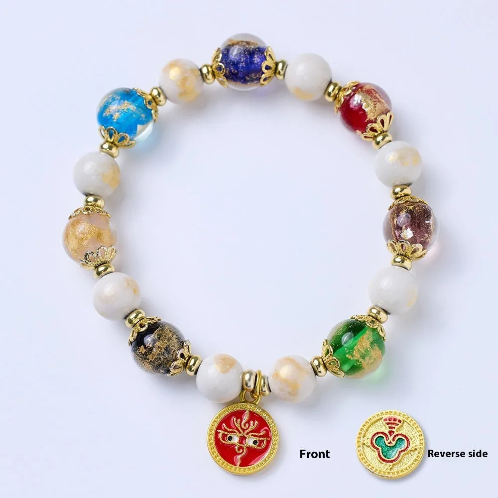 Handmade fragrant gray porcelain glaze bracelet with Five Gods of Wealth motif and geometric 10mm glass beads