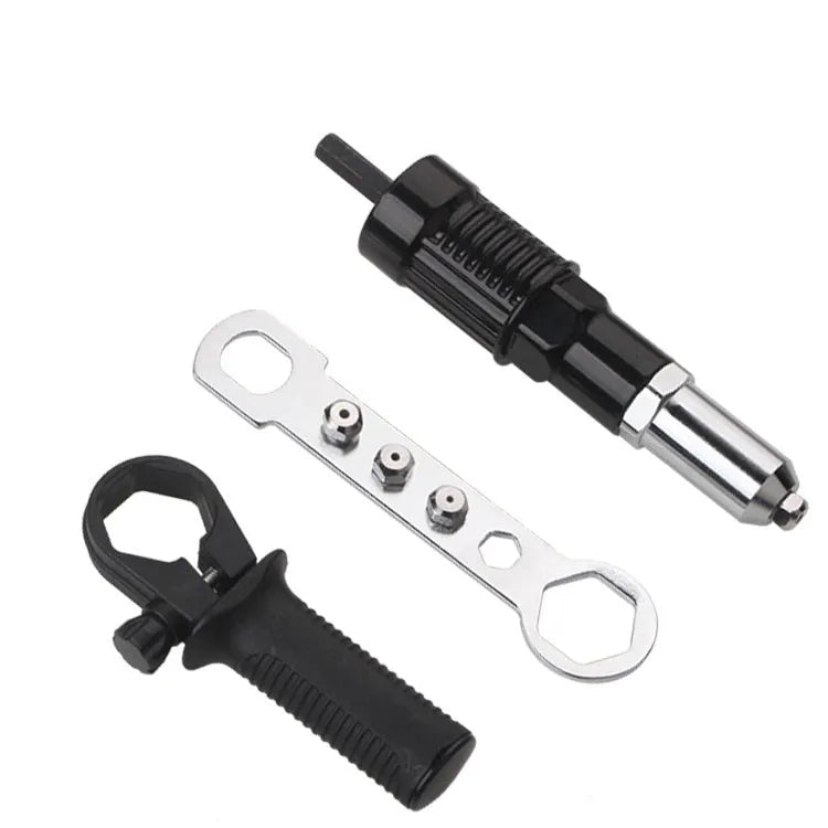 Black metal electric drill rivet gun attachment tool with a three-jaw chuck, 173mm long.