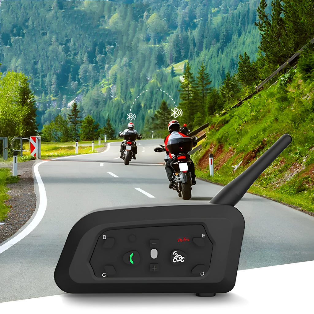 V6 Pro motorcycle Bluetooth intercom unit with headphones and mounting hardware
