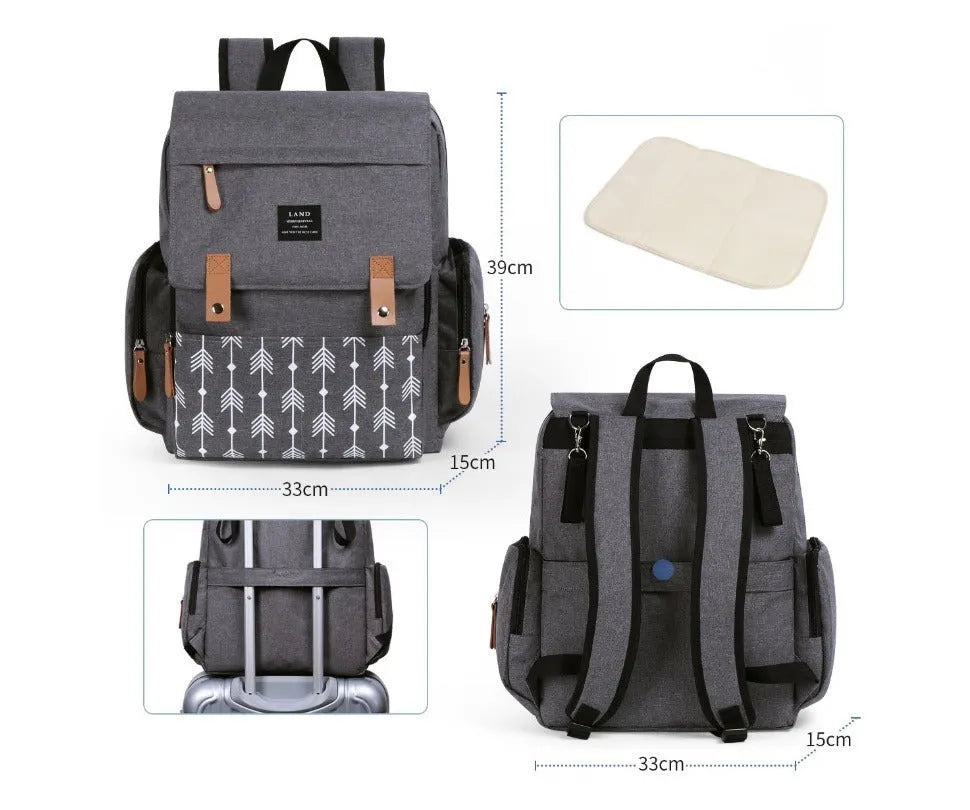LAND Mommy Diaper Backpack in Oxford cloth with integrated changing mat, showing backpack straps and main compartment.