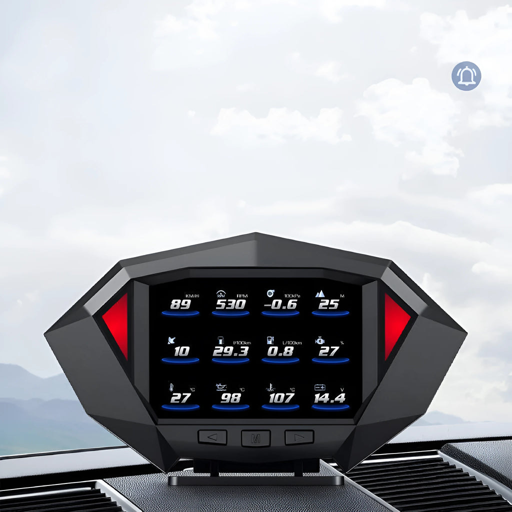 P1 model black vehicle head-up display unit with LCD screen, OBD cable, and anti-slip pad.