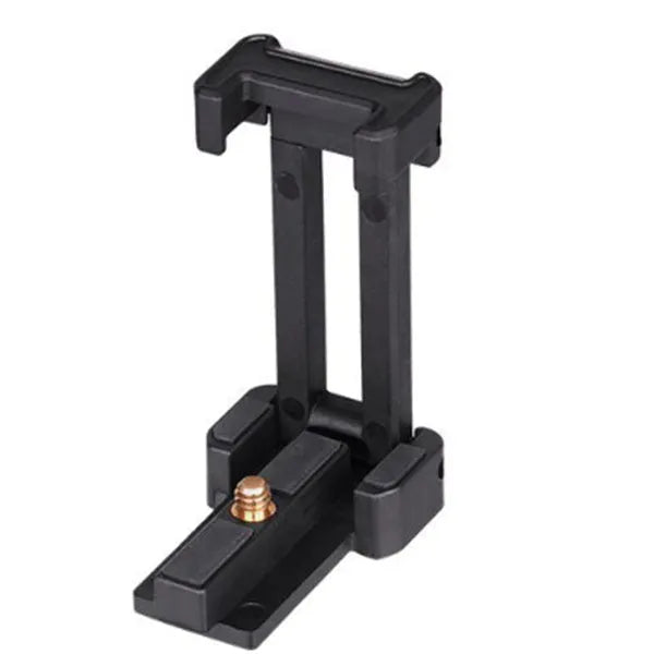 Black aluminium alloy and plastic desktop tripod stand holding a mobile phone.