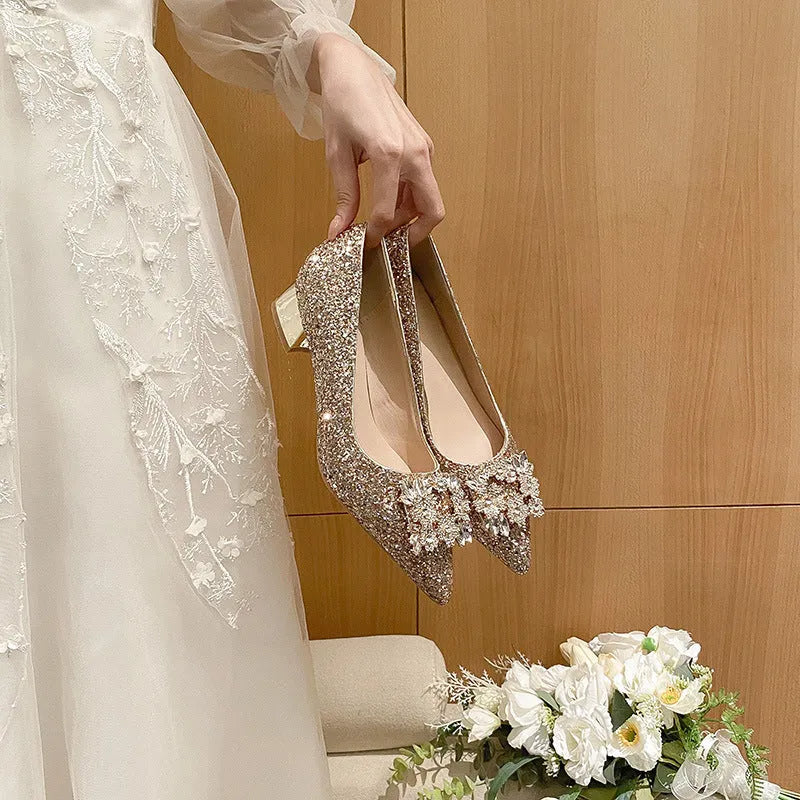 Silver French style mid heel pumps with square buckle, pointed toe, and short stout heel on a clean background