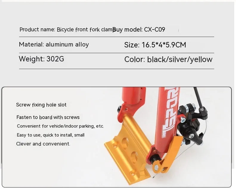 Silver metal quick-release clamp for securing a bicycle front fork during transport.