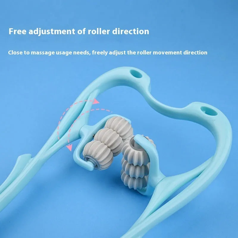 Blue plastic handheld massage roller with six wheels for neck, shoulder, and back muscle relief.