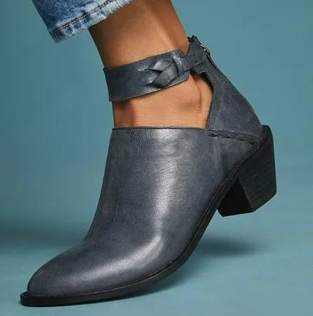 Vintage high heel ankle boots for women in black round toe PU leather mid heel 3-5 cm