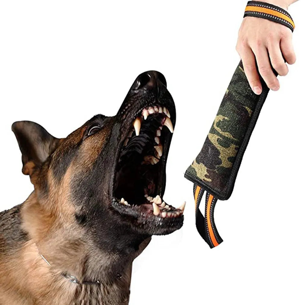 Yellow-edged jute dog training bite stick with reflective strips, measuring 55 cm in length