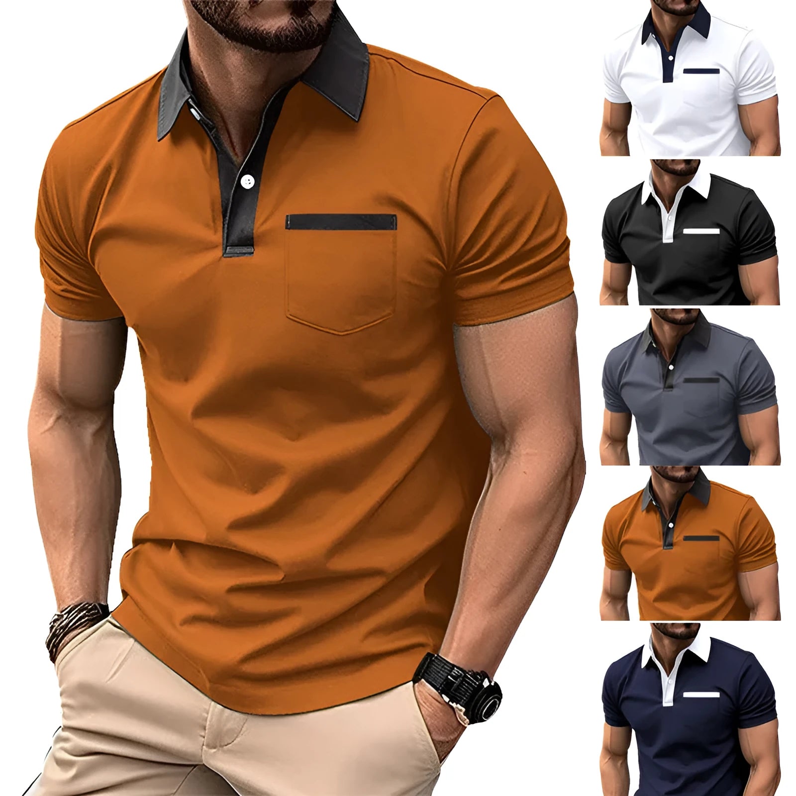Men's cotton blend short-sleeve slim-fit polo shirt in navy blue with chest pocket, front view