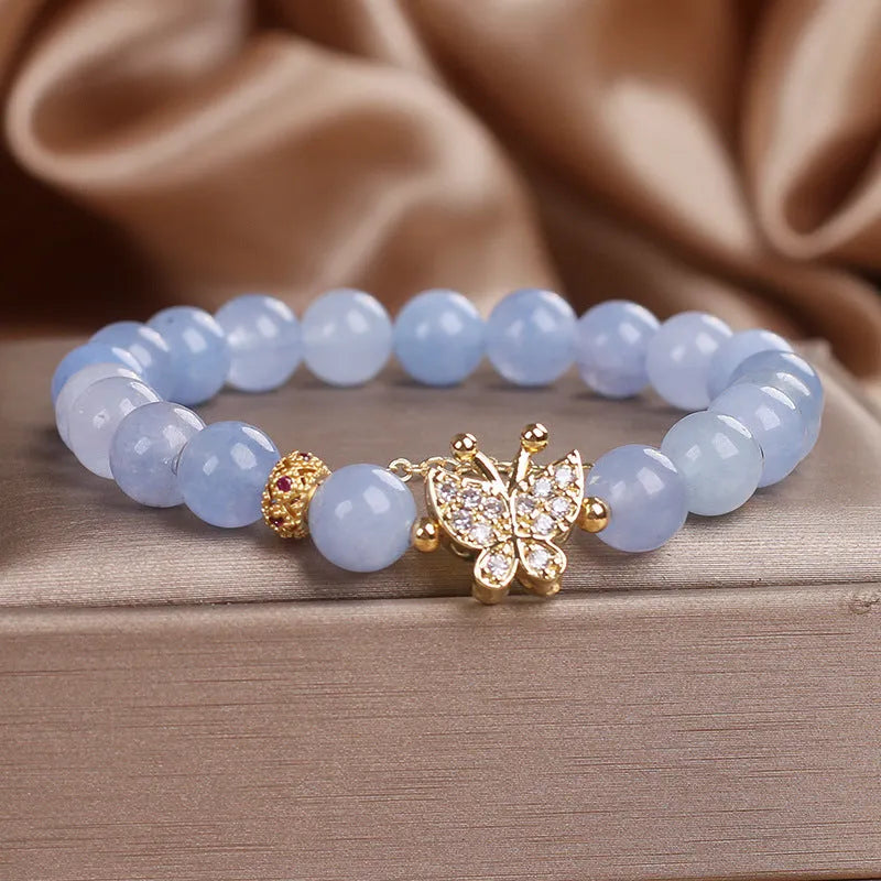 Sky blue aquamarine butterfly crystal bracelet for women with rhinestones and pearls on 17cm electroplated chain