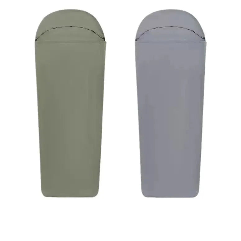 Blue and green mummy-style nylon camping sleeping bag for adults, showing packed size.