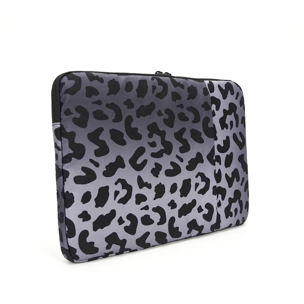 Leopard print laptop sleeve for 13-inch to 16-inch laptops with anti-shock protection.