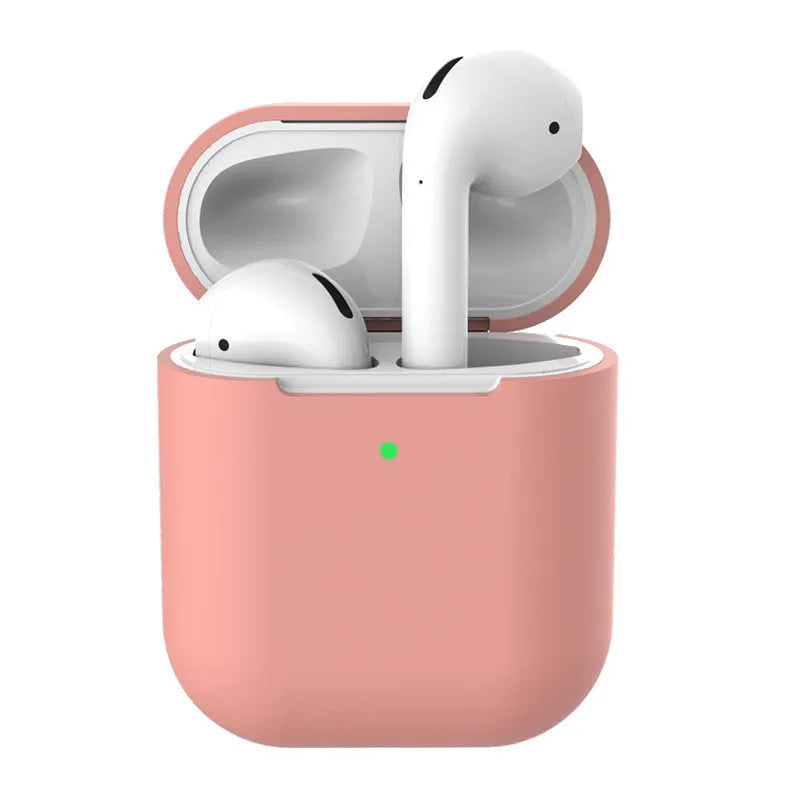 Silicone clamshell protector case for AirPods 2 wireless earphones shown in multiple colour options.