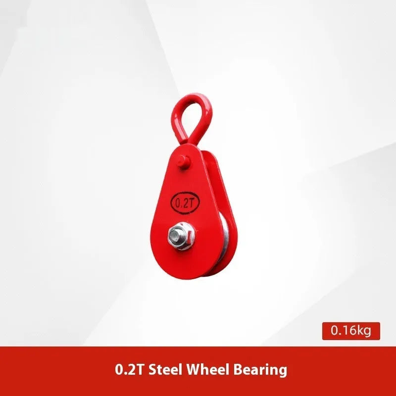 Red industrial lifting pulley with a safety latch, forged from steel for heavy-duty use.