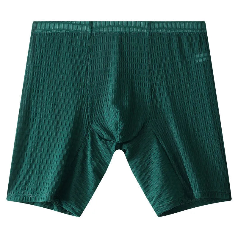 Men's black lace boxer shorts with a lengthened, mid-waist design on a white background.