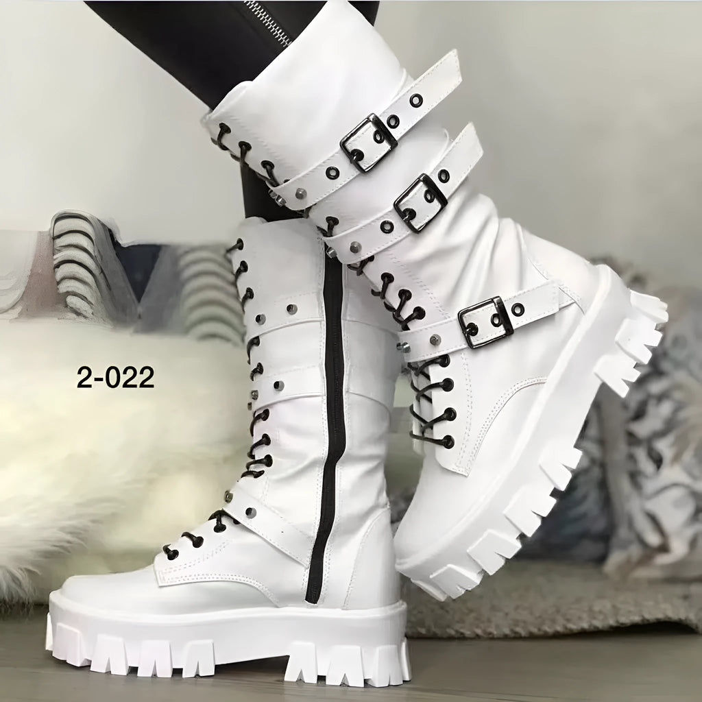 Women's black mid-calf knight boots with large metal buckle and side zip on a white background.
