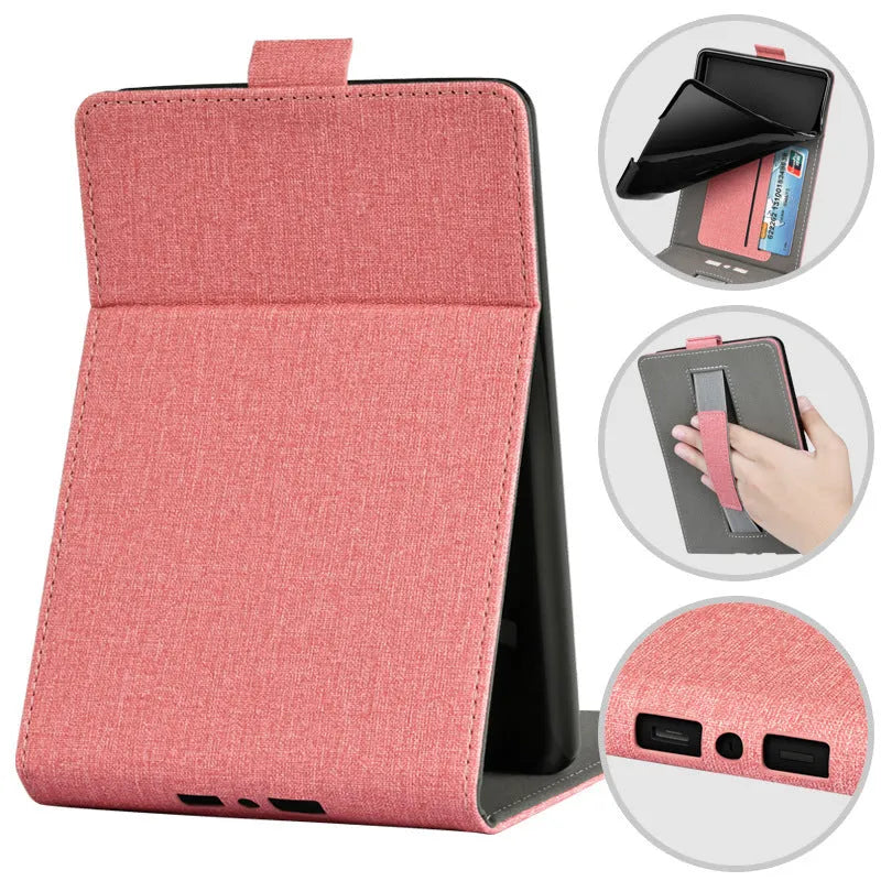 A 6-inch Kindle protective case in an embossed TPU material, shown in a Van Gogh starry sky design, with its folding bracket stand extended.