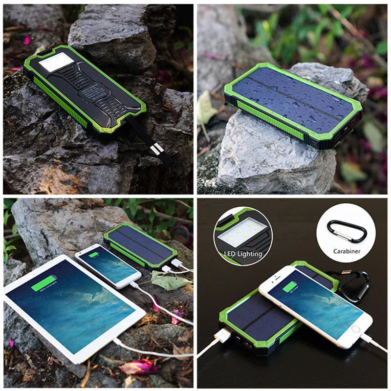 Solar power bank portable charger in black, green, orange, or yellow colours showing front and solar panel.
