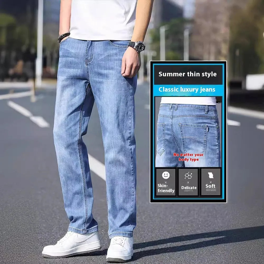 Tapered thin stretch denim trousers for business casual wear in light blue, gray, blue gray, and black.