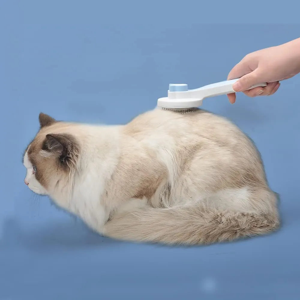 Self-cleaning cat grooming brush with blue rubber handle and metal bristles