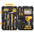 Grey yellow case open to show 82-piece chrome-vanadium steel home repair tool kit for furniture assembly.