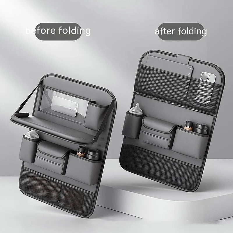 Leather car seat storage bag in black with handle and foldable dining table