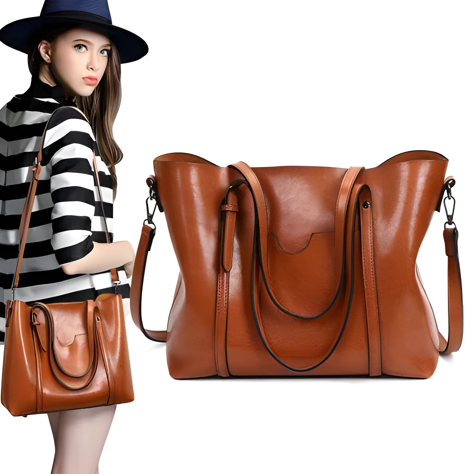 Retro style women's large capacity PU messenger bag in multiple colours on a table