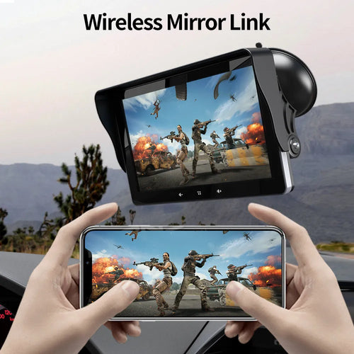 7 inch car wireless CarPlay display with astern camera on a dashboard suction cup mount.