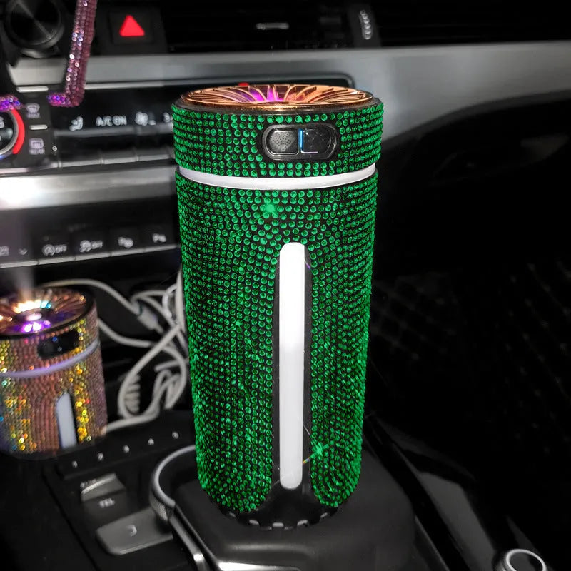 Colourful diamond-style car humidifier with LED lights on a car dashboard