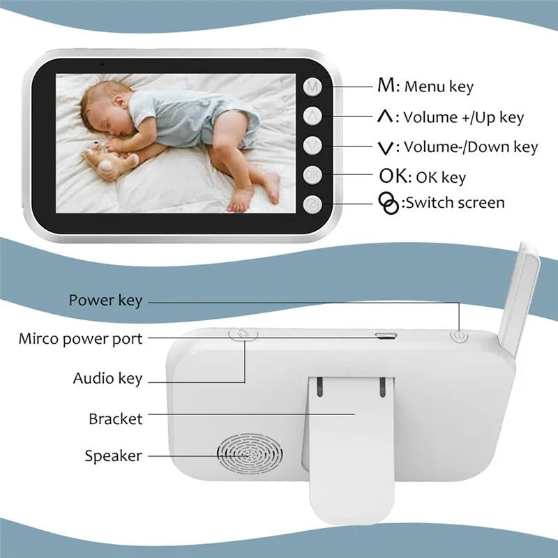 Baby monitor with 4.3-inch LCD screen showing baby in cot, night vision mode, camera with 120-degree rotation