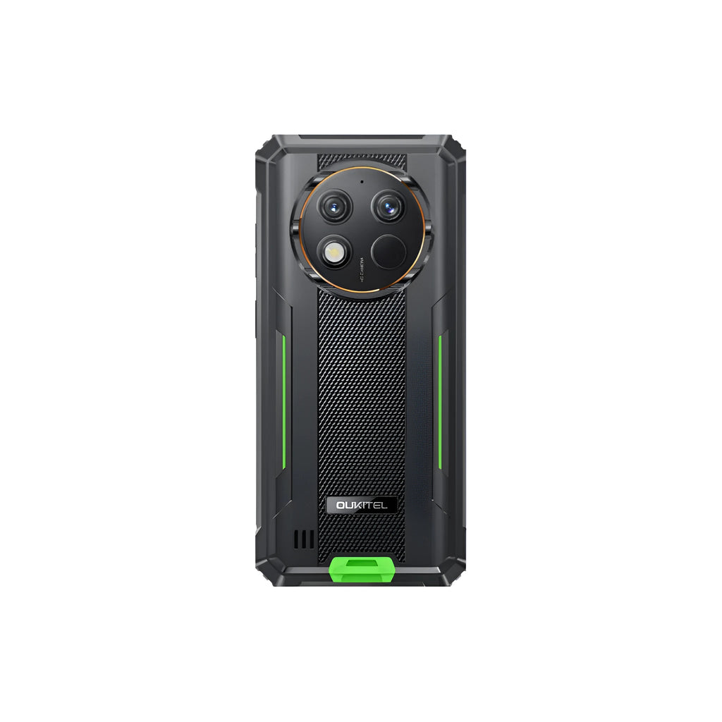 OUKITEL G1 mobile phone in grey, green, or orange colour with included charger.