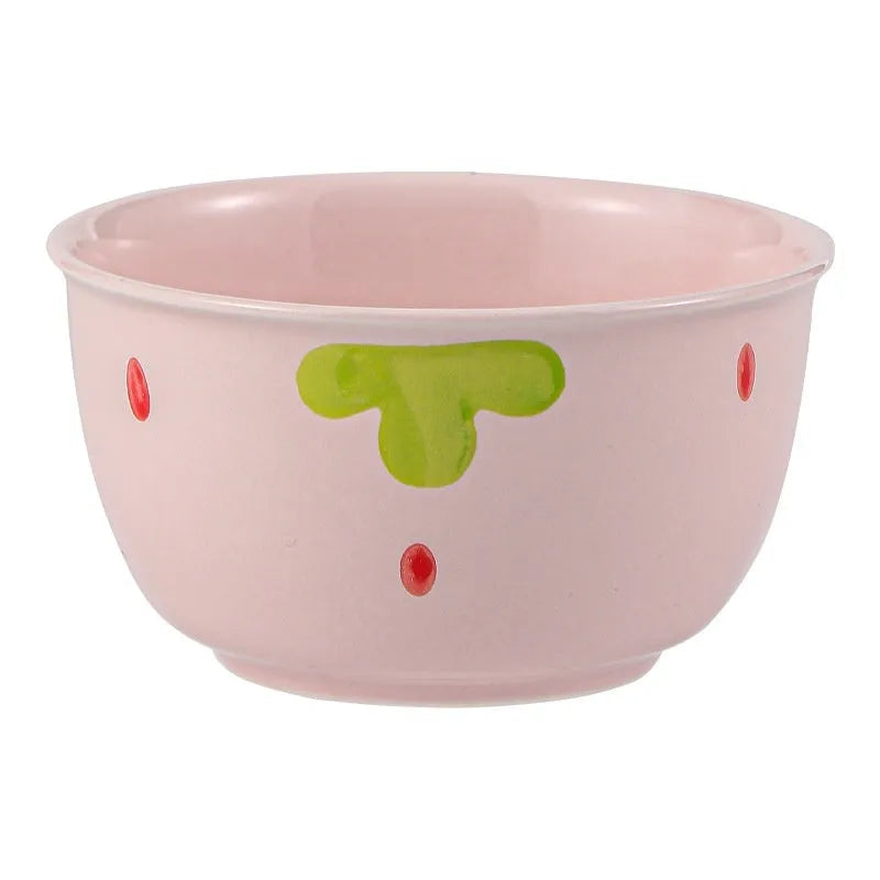 Creative strawberry cute porcelain dinnerware set with flower bowls, noodle bowl, plates, and twist spoon.