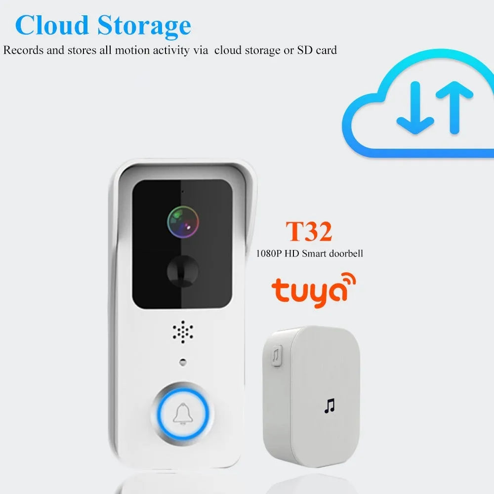 Smart home waterproof visual doorbell with camera and 18650 battery, shown in black and white doodle board designs.