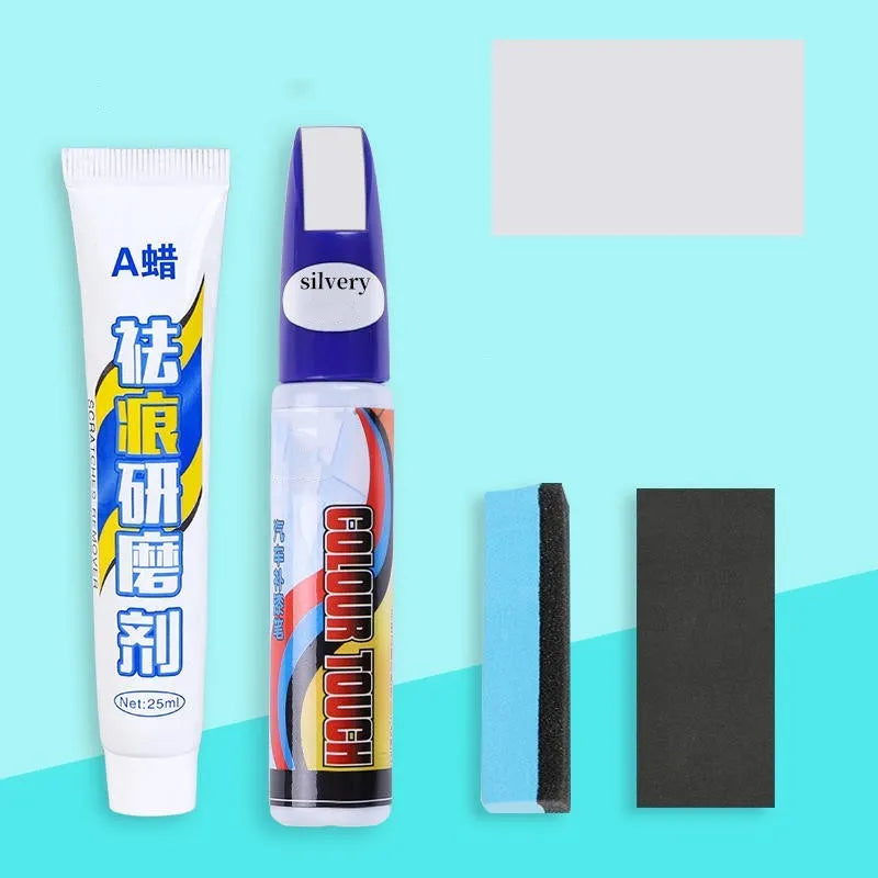 Automotive paint repair pen kit with touch-up fluid, wax, sponge, and sandpaper for car scratch repair.